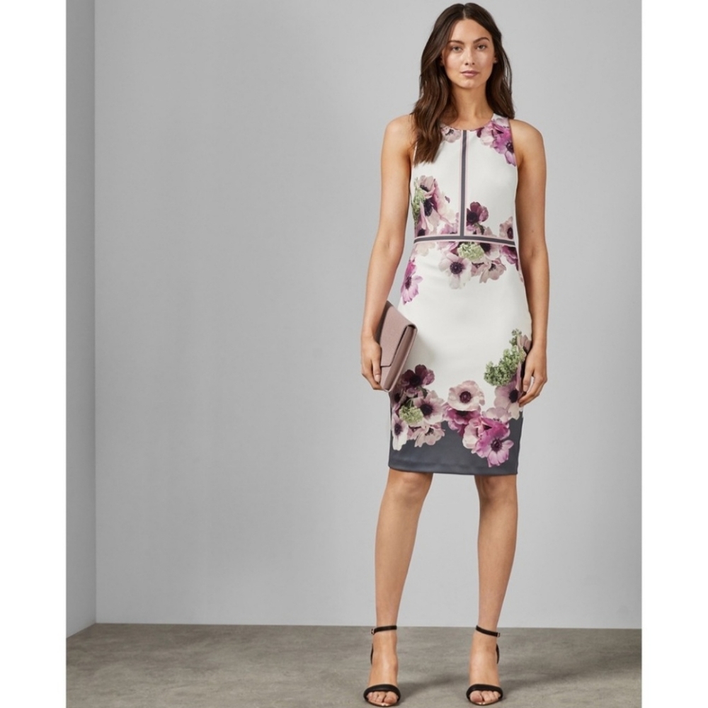 Ted Baker London White Purple Nanina Neapolitan Buckle Detail Floral Dress Size2